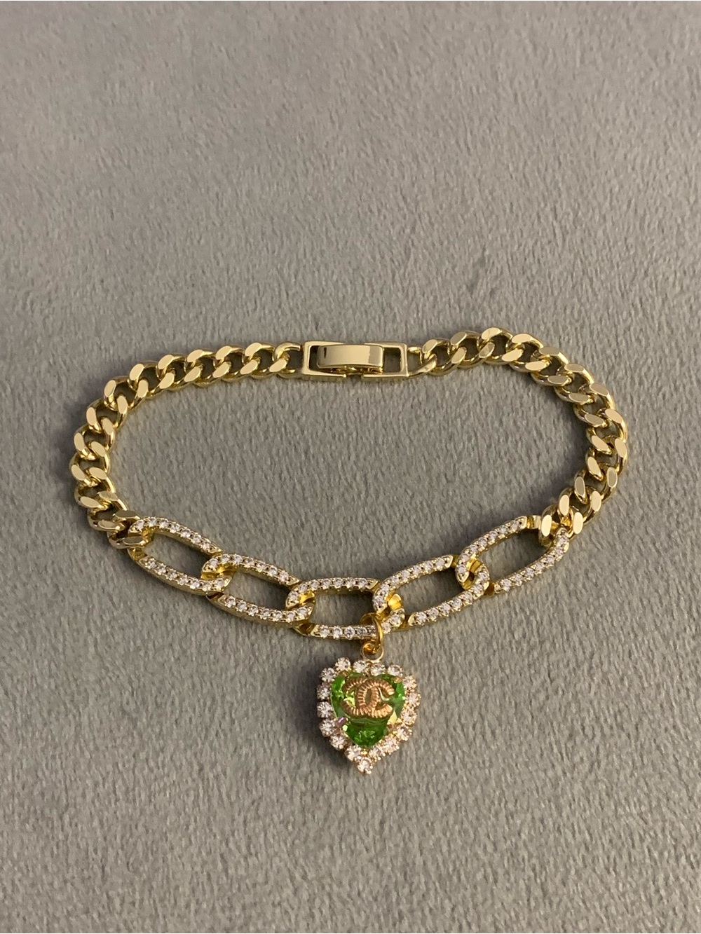 Gold Tone with Upcycled Heart Pendant Chain Bracelet with Green Stone Accent